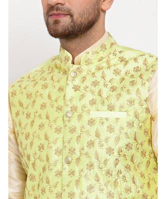 Men Beige & Limegreen Kurta with Churidar & Embroidered Nehru Jacket 5