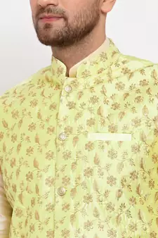 Men Beige & Limegreen Kurta with Churidar & Embroidered Nehru Jacket