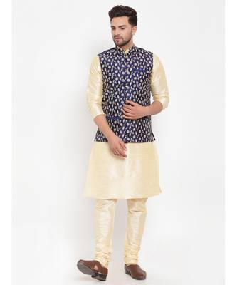 Men Beige & Navyblue Kurta with Churidar & Embroidered Nehru Jacket 1