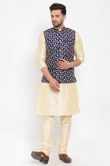 Men Beige & Navyblue Kurta with Churidar & Embroidered Nehru Jacket