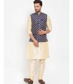 Men Beige & Navyblue Kurta with Churidar & Embroidered Nehru Jacket