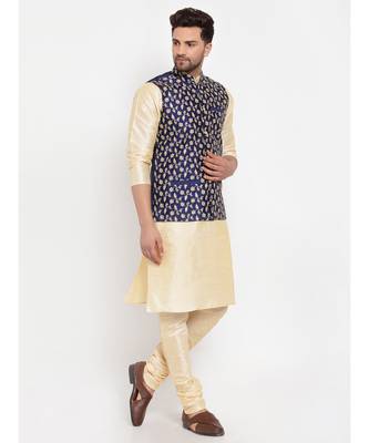 Men Beige & Navyblue Kurta with Churidar & Embroidered Nehru Jacket 2