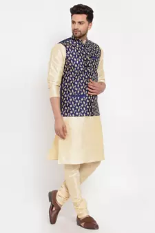 Men Beige & Navyblue Kurta with Churidar & Embroidered Nehru Jacket
