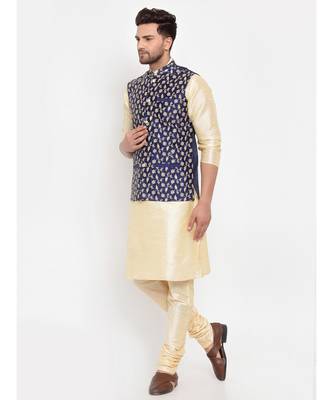 Men Beige & Navyblue Kurta with Churidar & Embroidered Nehru Jacket 3