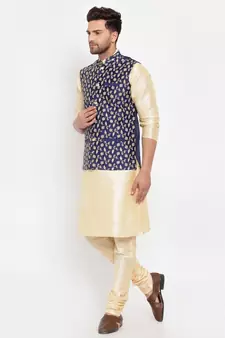Men Beige & Navyblue Kurta with Churidar & Embroidered Nehru Jacket