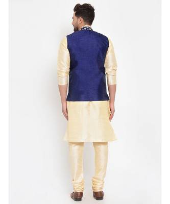 Men Beige & Navyblue Kurta with Churidar & Embroidered Nehru Jacket 4