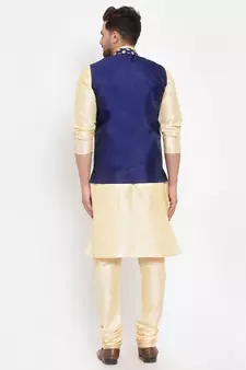 Men Beige & Navyblue Kurta with Churidar & Embroidered Nehru Jacket