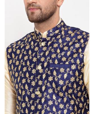 Men Beige & Navyblue Kurta with Churidar & Embroidered Nehru Jacket 5