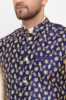 Men Beige & Navyblue Kurta with Churidar & Embroidered Nehru Jacket