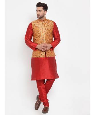 Men Red & Mustard Kurta with Churidar & Printed Nehru Jacket 1