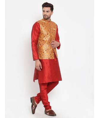 Men Red & Mustard Kurta with Churidar & Printed Nehru Jacket 2