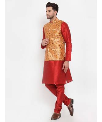 Men Red & Mustard Kurta with Churidar & Printed Nehru Jacket 3
