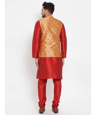 Men Red & Mustard Kurta with Churidar & Printed Nehru Jacket 4