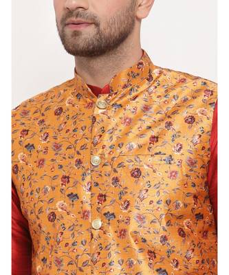 Men Red & Mustard Kurta with Churidar & Printed Nehru Jacket 5