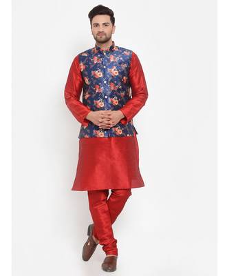 Men Red & Blue Kurta with Churidar & Printed Nehru Jacket 1
