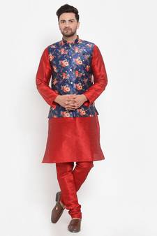 Men Red & Blue Kurta with Churidar & Printed Nehru Jacket