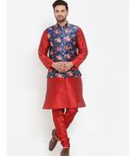 Men Red & Blue Kurta with Churidar & Printed Nehru Jacket