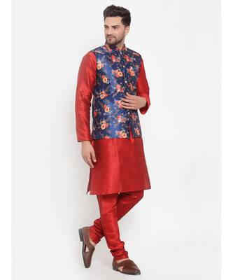 Men Red & Blue Kurta with Churidar & Printed Nehru Jacket 2