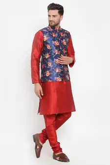 Men Red & Blue Kurta with Churidar & Printed Nehru Jacket