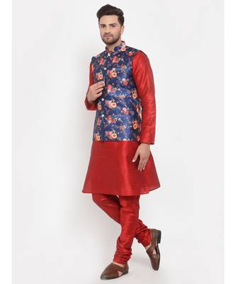 Men Red & Blue Kurta with Churidar & Printed Nehru Jacket 3