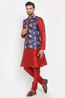 Men Red & Blue Kurta with Churidar & Printed Nehru Jacket