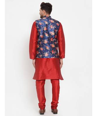 Men Red & Blue Kurta with Churidar & Printed Nehru Jacket 4