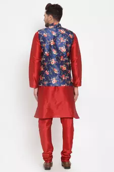Men Red & Blue Kurta with Churidar & Printed Nehru Jacket