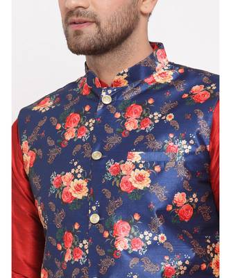 Men Red & Blue Kurta with Churidar & Printed Nehru Jacket 5