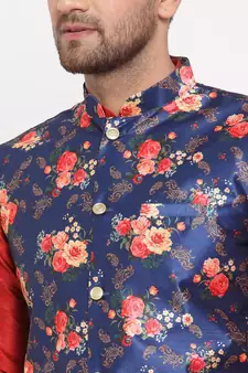 Men Red & Blue Kurta with Churidar & Printed Nehru Jacket