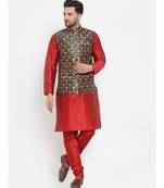 Men Red & Green Kurta with Churidar & Printed Nehru Jacket