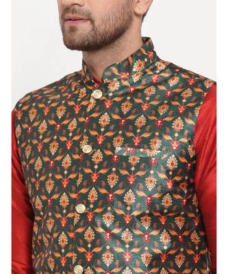 Men Red & Green Kurta with Churidar & Printed Nehru Jacket 5