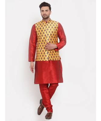 Men Red & Yellow Kurta with Churidar & Printed Nehru Jacket 1