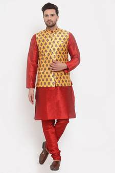Men Red & Yellow Kurta with Churidar & Printed Nehru Jacket