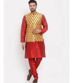 Men Red & Yellow Kurta with Churidar & Printed Nehru Jacket