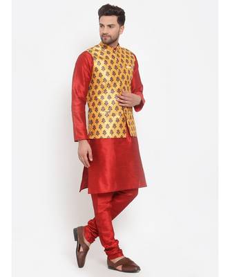 Men Red & Yellow Kurta with Churidar & Printed Nehru Jacket 2