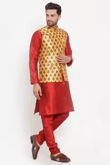 Men Red & Yellow Kurta with Churidar & Printed Nehru Jacket