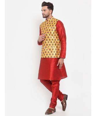 Men Red & Yellow Kurta with Churidar & Printed Nehru Jacket 3