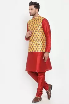 Men Red & Yellow Kurta with Churidar & Printed Nehru Jacket