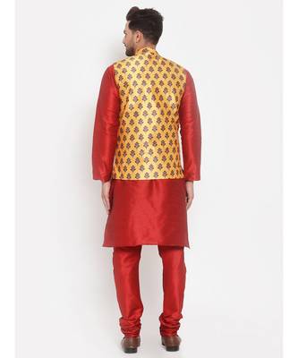 Men Red & Yellow Kurta with Churidar & Printed Nehru Jacket 4