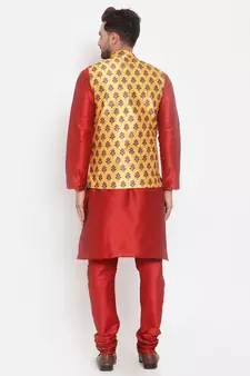 Men Red & Yellow Kurta with Churidar & Printed Nehru Jacket