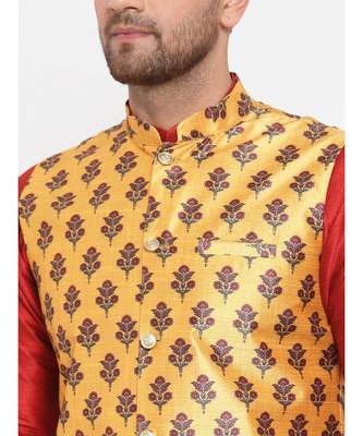 Men Red & Yellow Kurta with Churidar & Printed Nehru Jacket 5