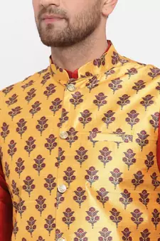 Men Red & Yellow Kurta with Churidar & Printed Nehru Jacket