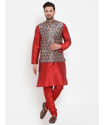 Men Red & Teal Kurta with Churidar & Printed Nehru Jacket 1