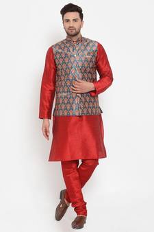Men Red & Teal Kurta with Churidar & Printed Nehru Jacket