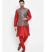Men Red & Teal Kurta with Churidar & Printed Nehru Jacket