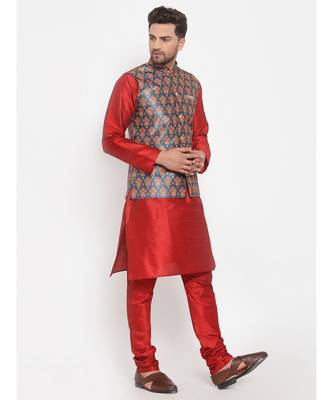 Men Red & Teal Kurta with Churidar & Printed Nehru Jacket 2