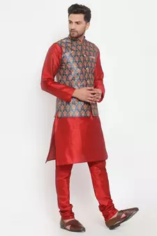 Men Red & Teal Kurta with Churidar & Printed Nehru Jacket