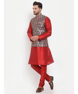 Men Red & Teal Kurta with Churidar & Printed Nehru Jacket 3