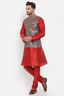 Men Red & Teal Kurta with Churidar & Printed Nehru Jacket