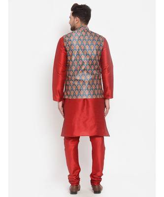 Men Red & Teal Kurta with Churidar & Printed Nehru Jacket 4